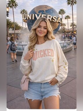 Wicked ✨ Universal Studios Graphic Sweatshirt Embroidered Cream Pink Gold Size S
